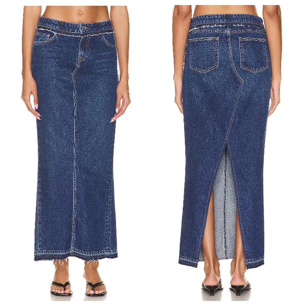 GRLFRND The Kate Denim Maxi Skirt Dark Wash Raw Hem High Slit Blue Size 24